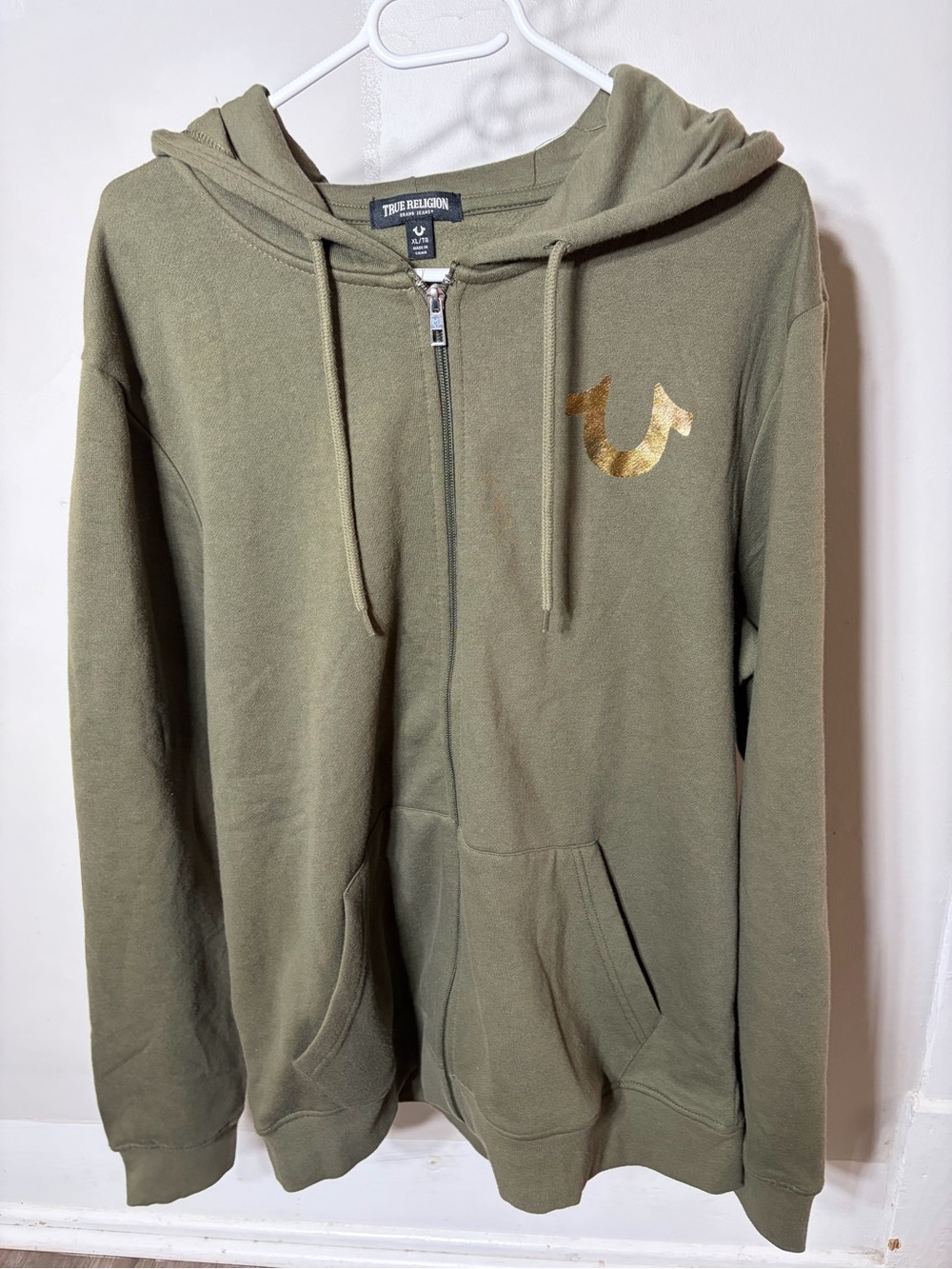 True Religion Olive Green Zip Up Hoodie Gold Logo Buddha Graphic Y2K XL